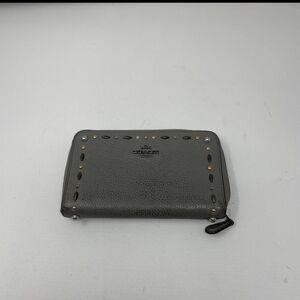 Coach Pebbled Leather Zip Wallet in Dark Gray with Stud Detail